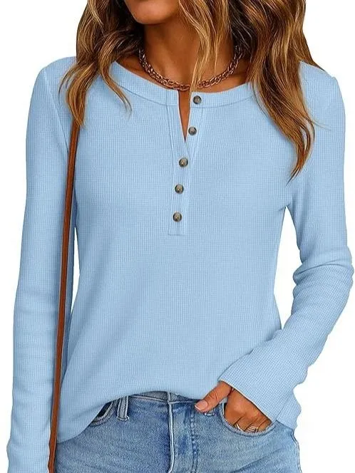 Women's Button Up Waffle Top Long Sleeve Knit Shirts Fall Casual Henley V Neck Tunic Tops