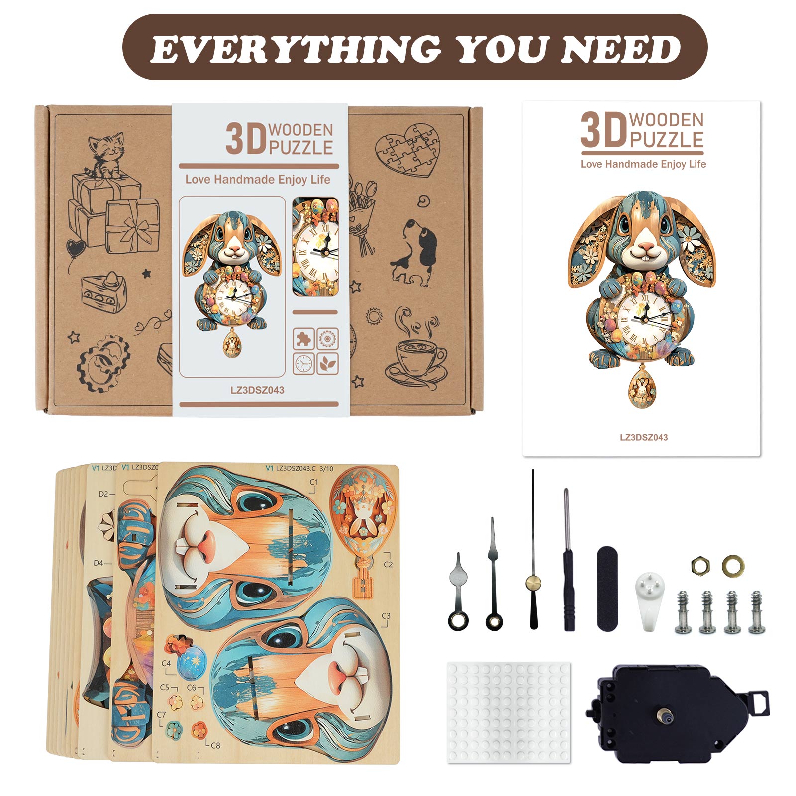 Rabbit– DIY Wooden Clock, 3D Puzzle Craft Kit