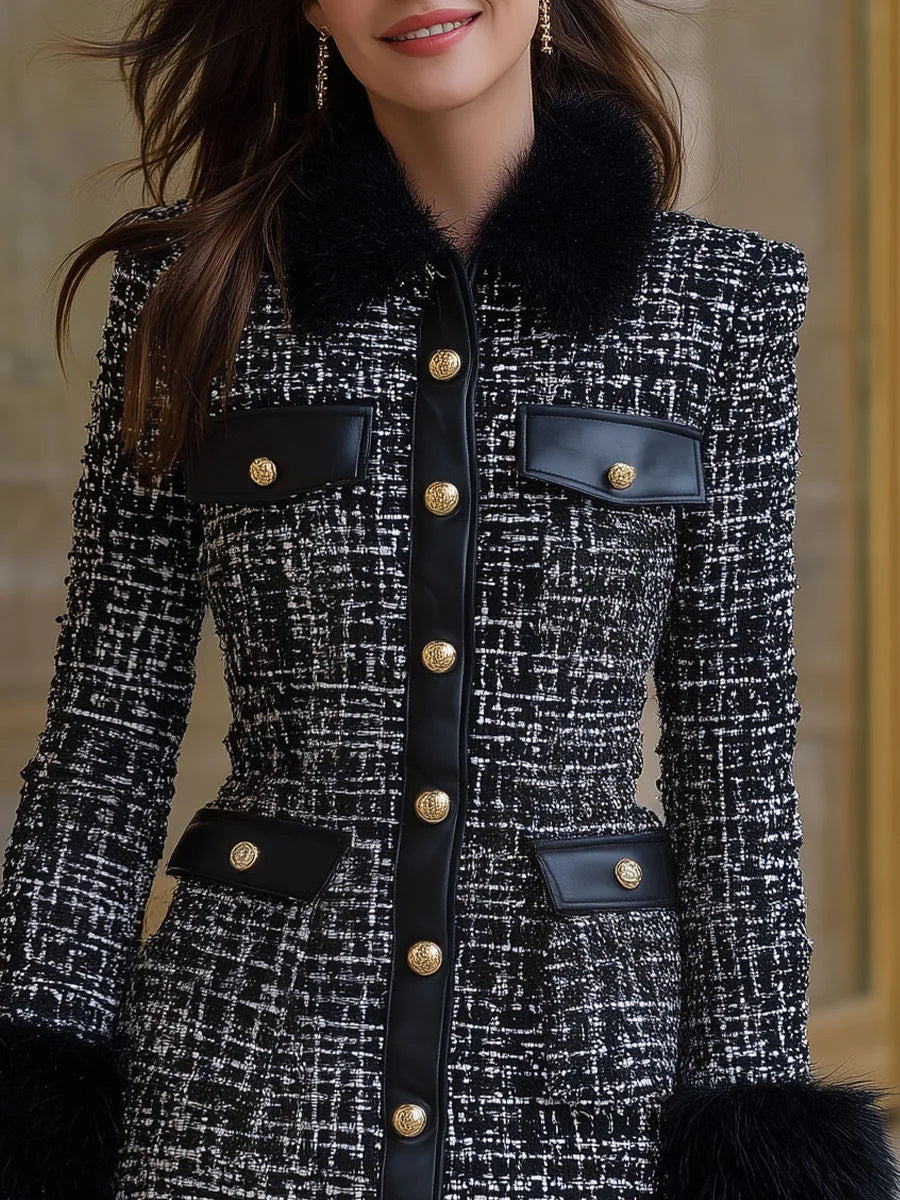 Black & White Tweed Fur-Trimmed Coat Dress