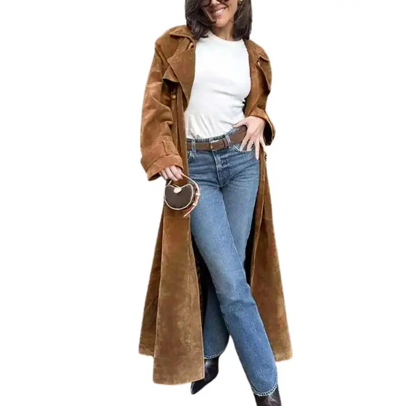 Women's faux suede long trench coat