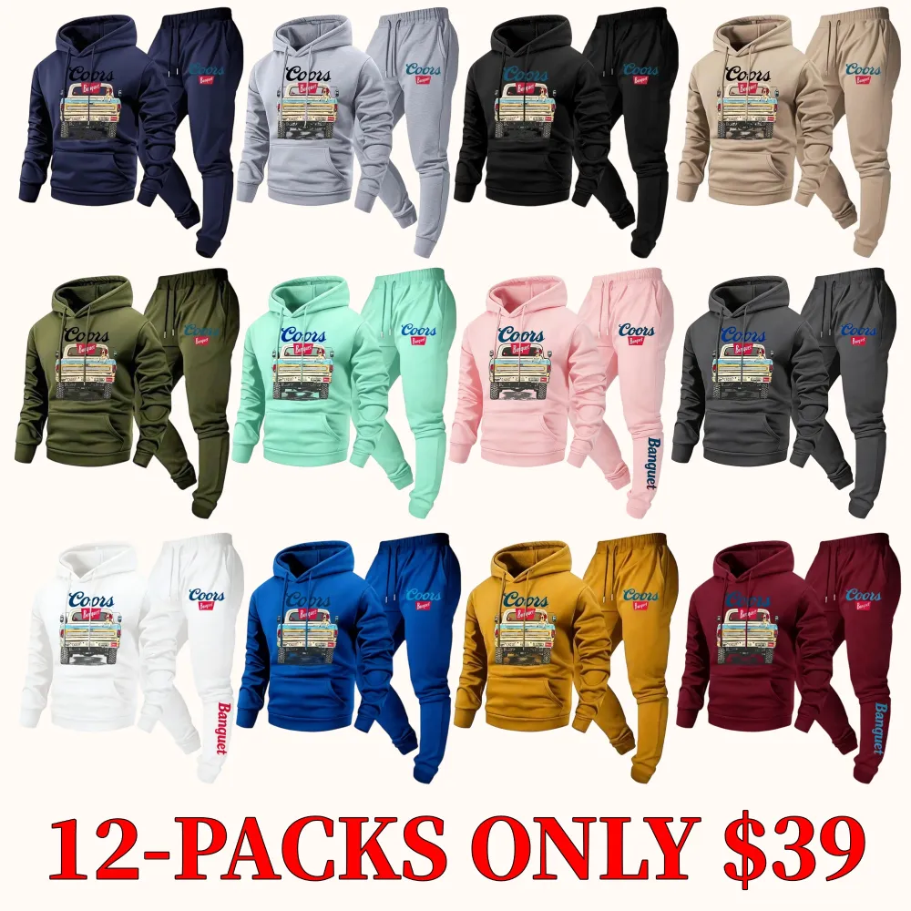 Retro-print hooded sweatshirt and sweatpants set