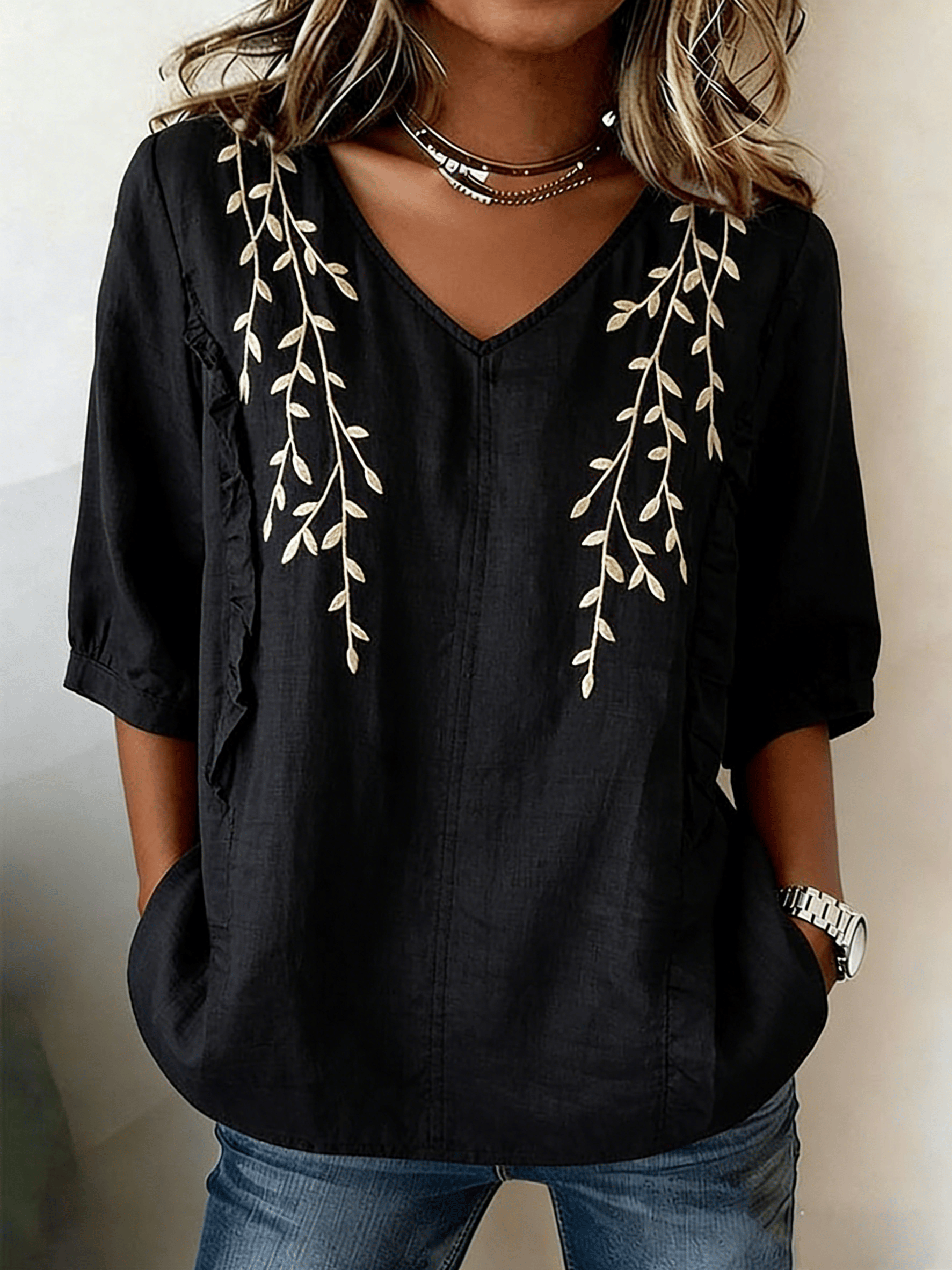 Women's Retro Floral Embroidered Cotton Linen V-Neck Blouse
