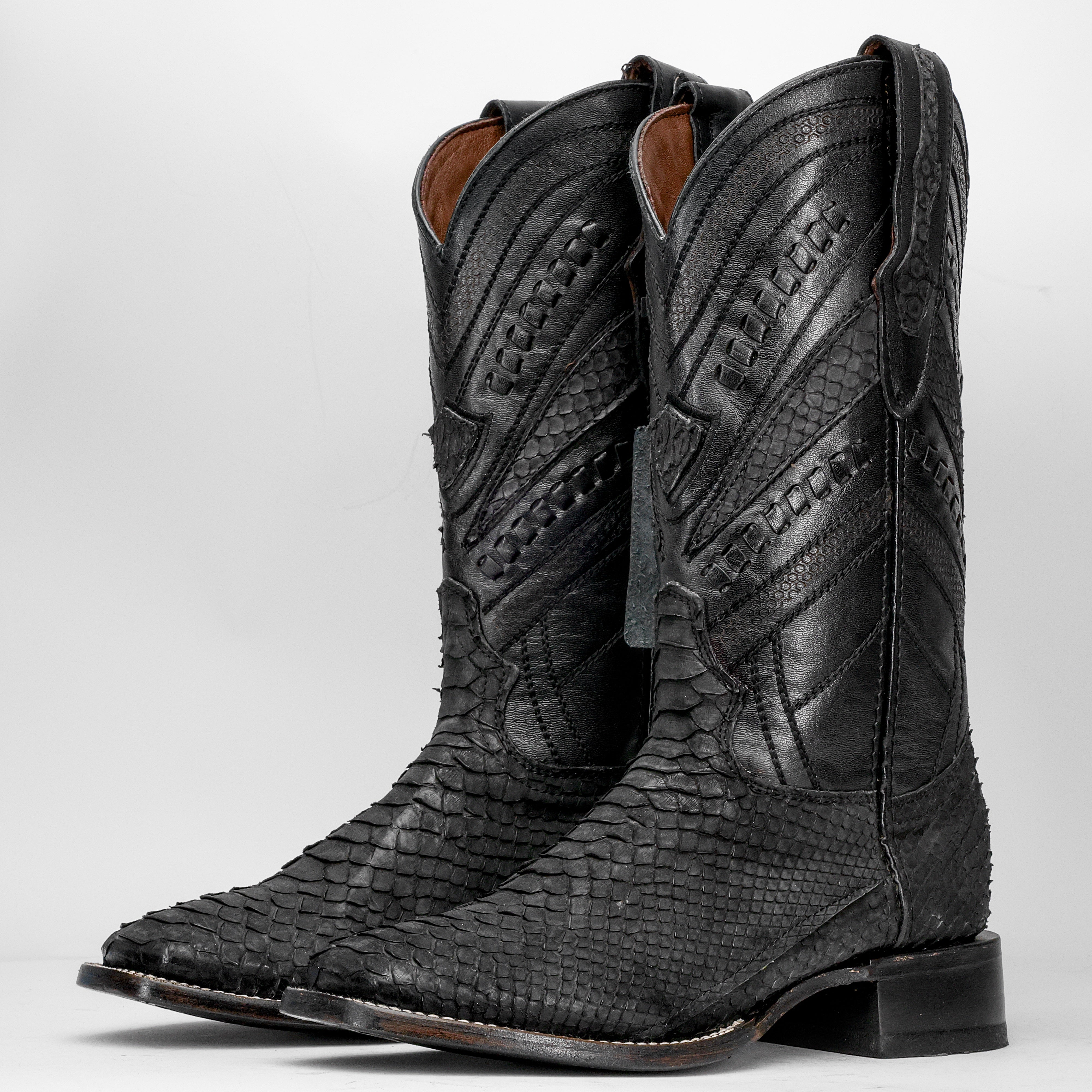 GENUINE Matte Black Python Boots - Square Toe