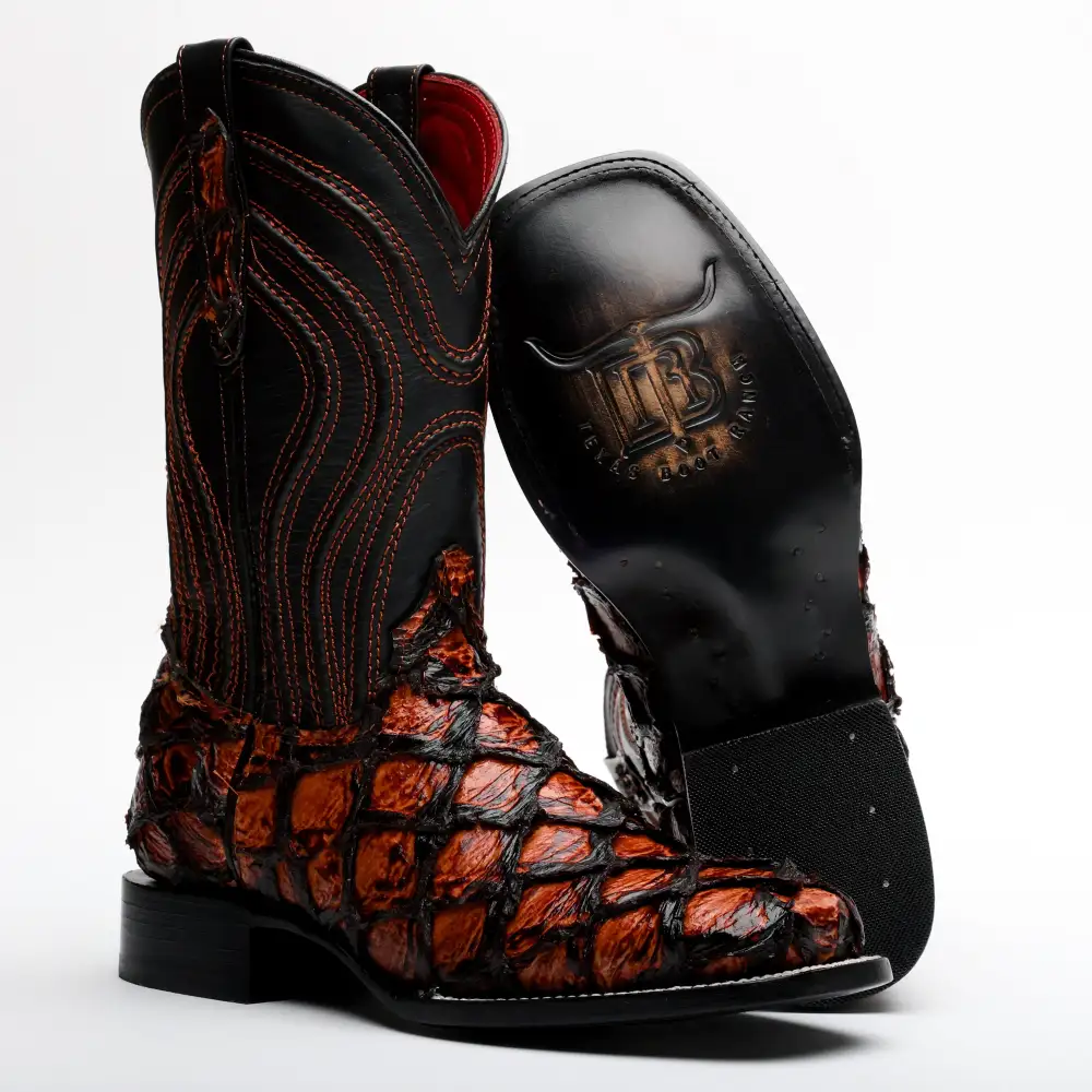 Cognac Jumbo Pirarucu Leather Boots - Square Toe