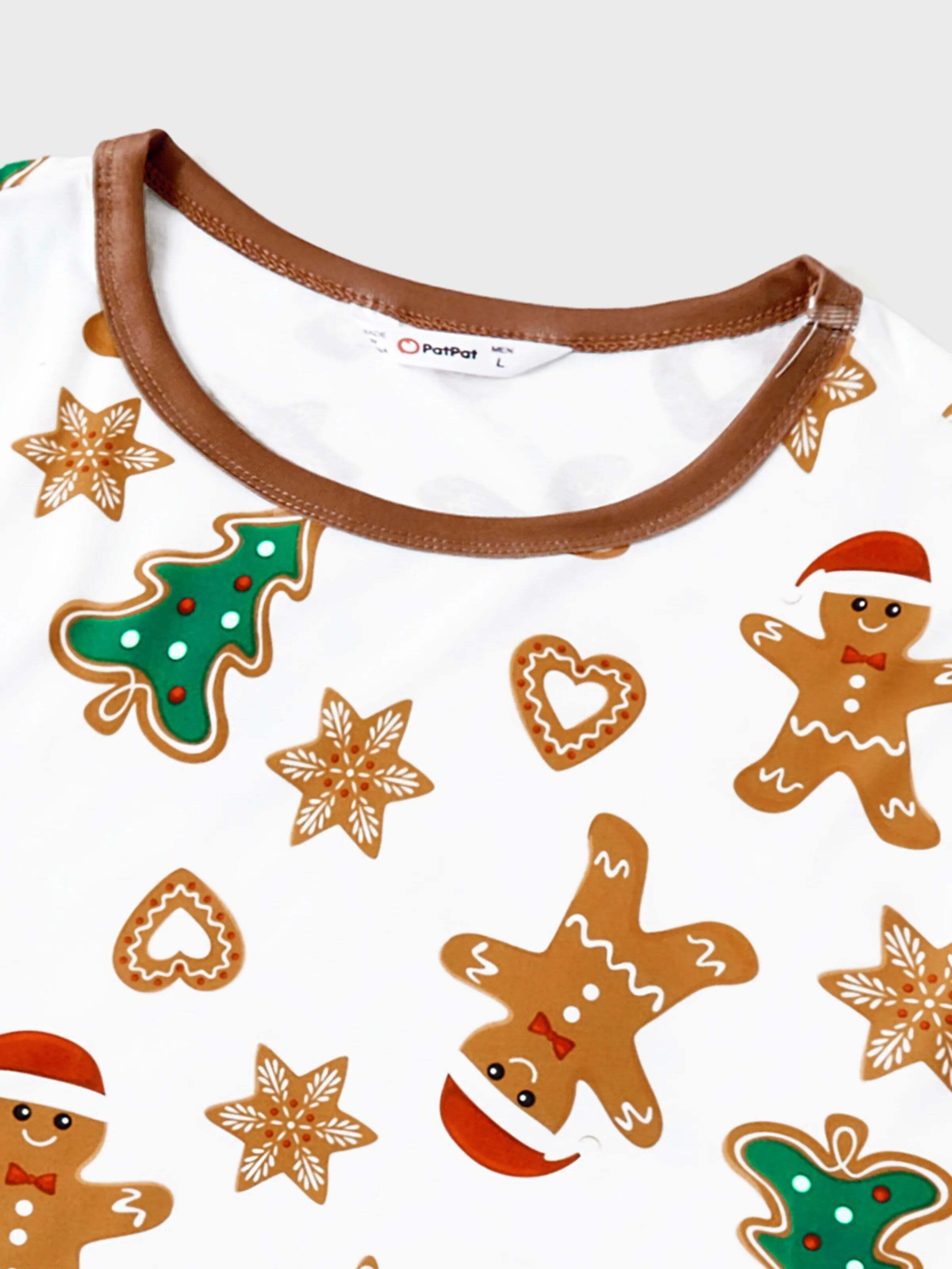 Christmas Family Matching Cartoon Gingerbread Man and Tree All-over Print Long-sleeve Pajamas Sets with Christmas Socks Coffee