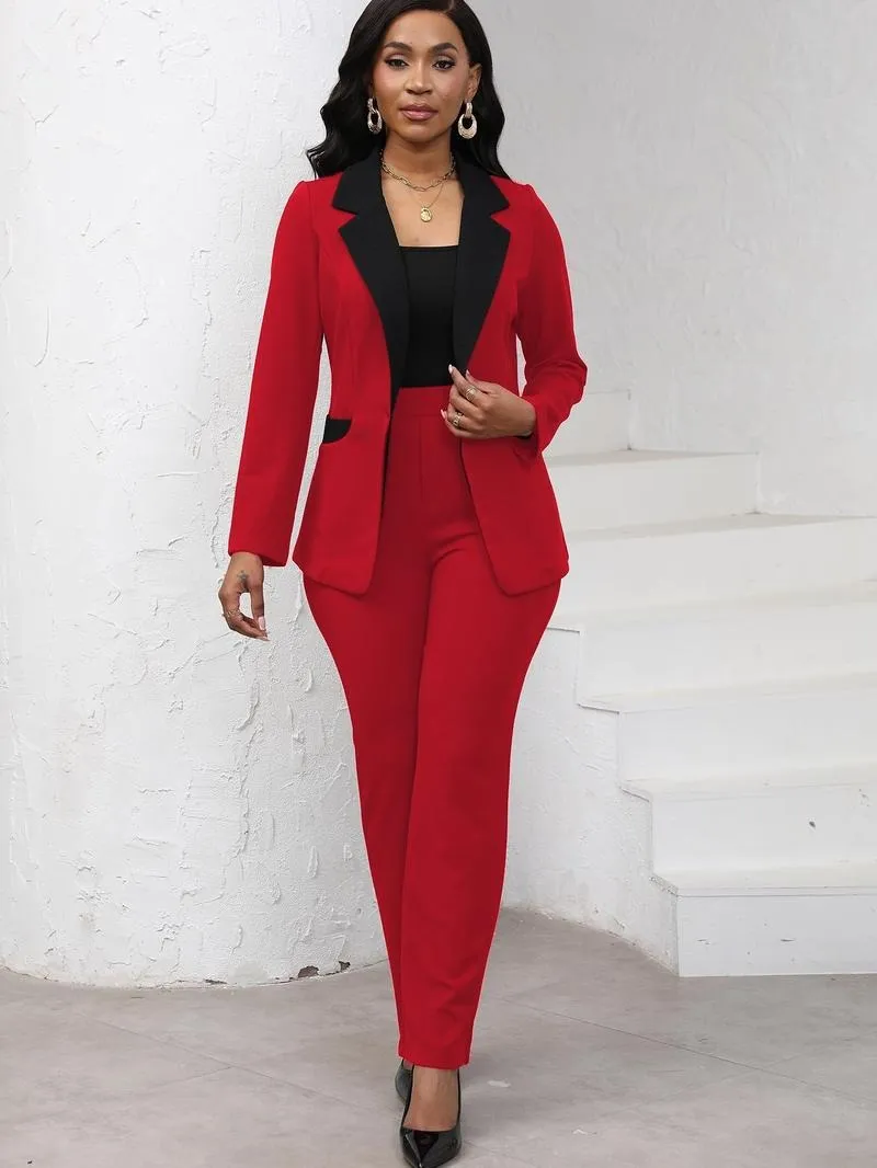 Women's Colorblock Blazer & Straight Leg Pants Set, Elegant Two-piece Set for Work Office Business, Ladies' Suits for All Seasons