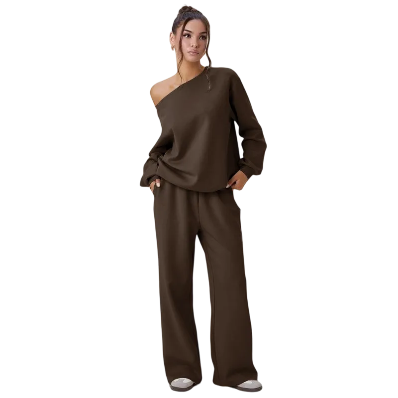 Women's Leisure Solid Color Sloping Shoulder Long Sleeve Top & Wide Leg Trousers Co-ord