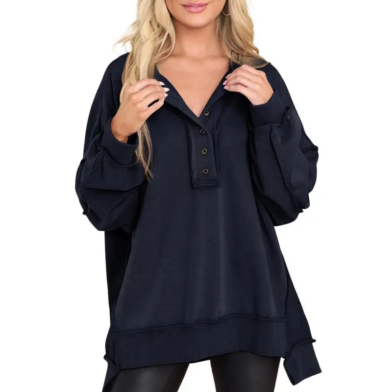 Women's Oversized Button Henley Sweatshirts
