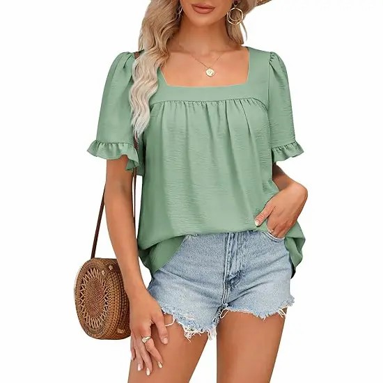 Women's Square Neck Peplum Blouse – Whimsical Ruffle Sleeve Cottagecore Top