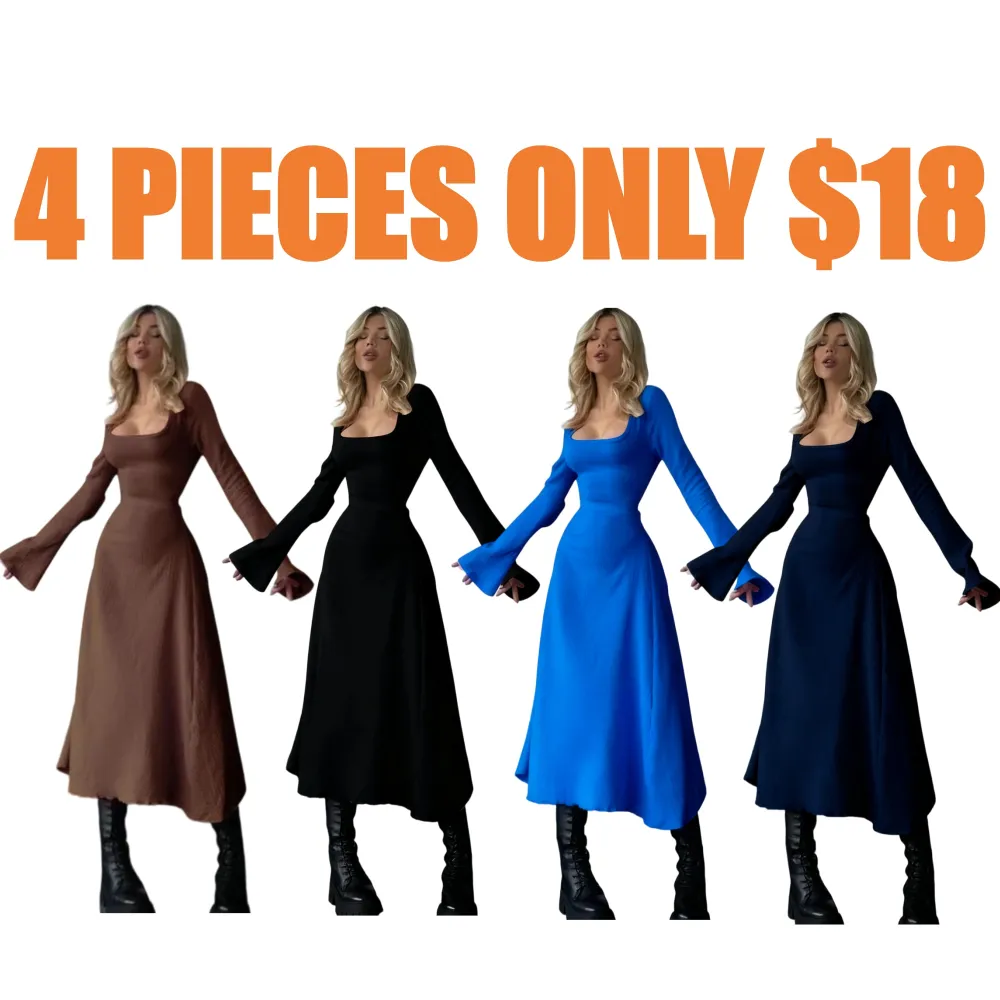 Women's Plain Lace Up Tie Back Flounce Sleeve Dress