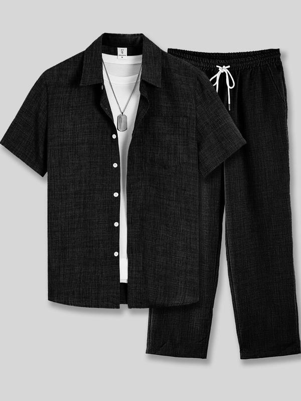Men's Solid Button Shirt & Drawstring Waist Pants Loungewear