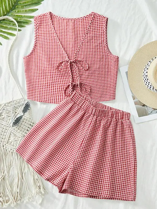 Women's Plaid Print Tank Top & High Waist Shorts Set