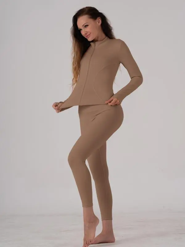 Women's Solid Sports Jacket & Leggings Two-piece Set