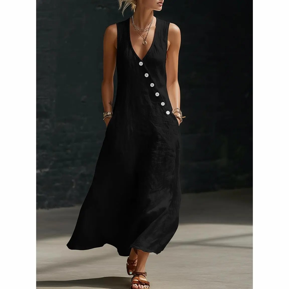 Women’s Sleeveless Linen Maxi Dress – V-Neck Button Detail with Pockets