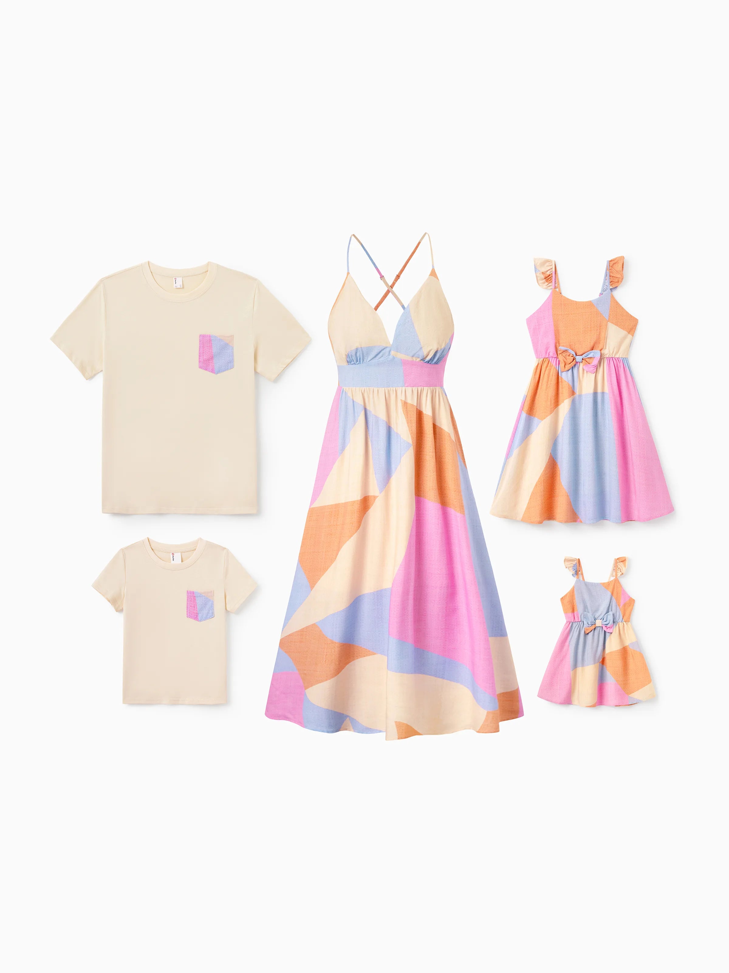 Family Matching Outfits Set Colorblock Sleeveless Strappy Dress or Short-sleeve T-shirt Multi-color