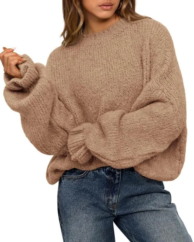 Women's Oversized Sweater Crewneck Long Sleeve Fuzzy Knit Chunky Pullover Sweaters