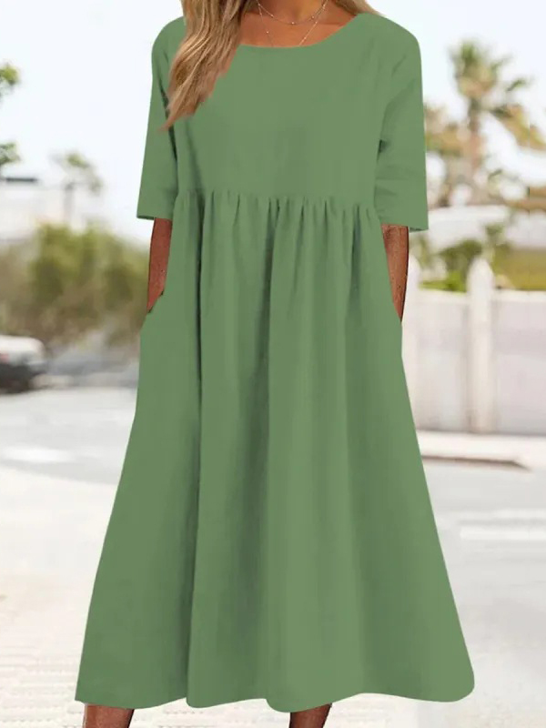 Pleated Pockets Solid Color A-Line Half Sleeves Round-Neck Midi Dresses