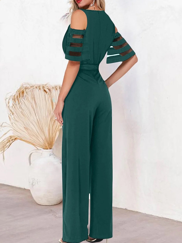 Hollow Mesh Solid Color Tied Waist High Waisted Loose V-Neck Jumpsuits