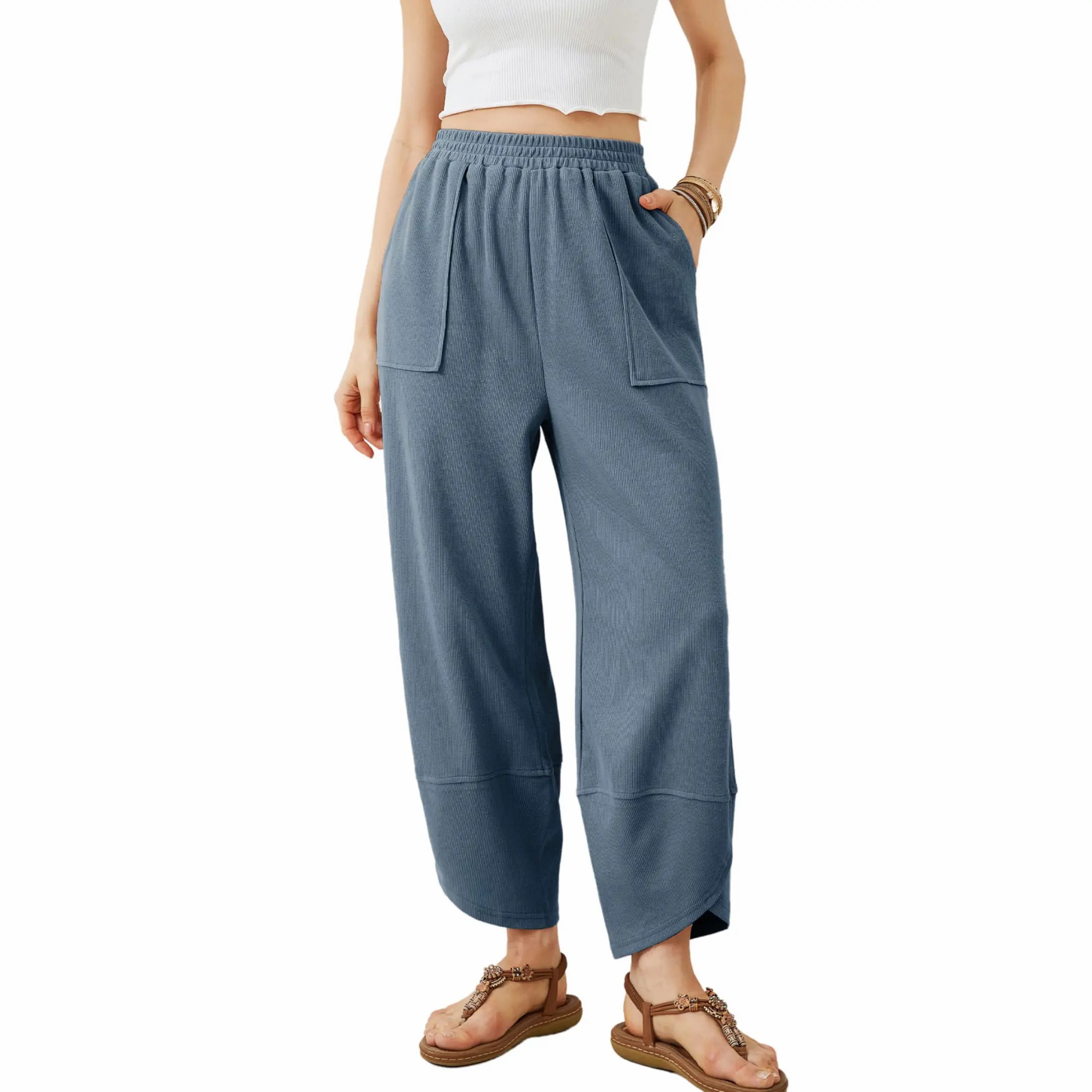 Women’s Elastic Waist Wide Leg Baggy Pants – Casual Harem Palazzo Pants with Pockets