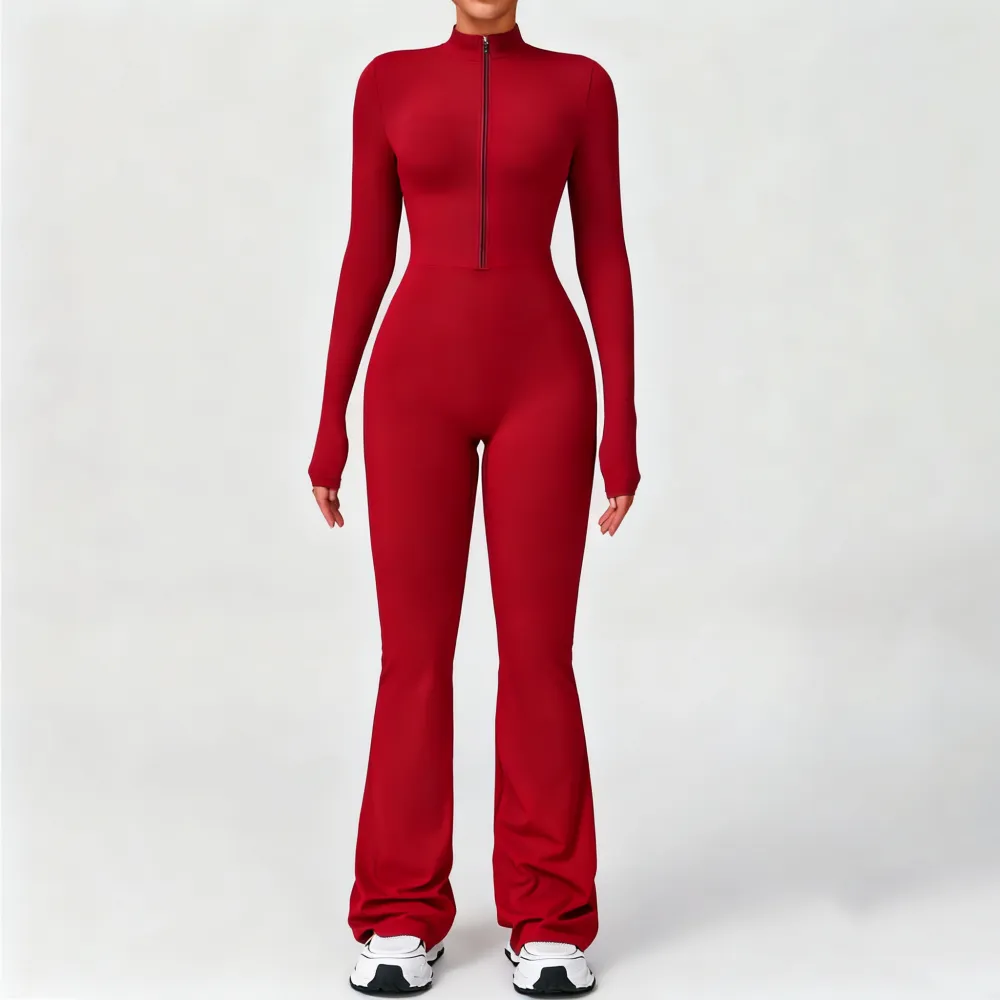 Women's Long Sleeve Flared Sports Jumpsuit - Zipper Jumpsuit