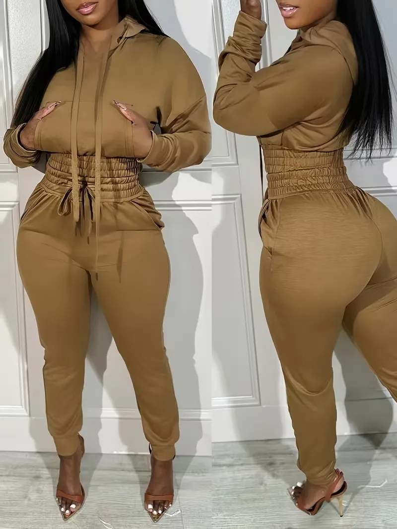 Womens 2 Piece Outfits Lounge Hoodie Shirred Waist Pocket Design Sweatshirt