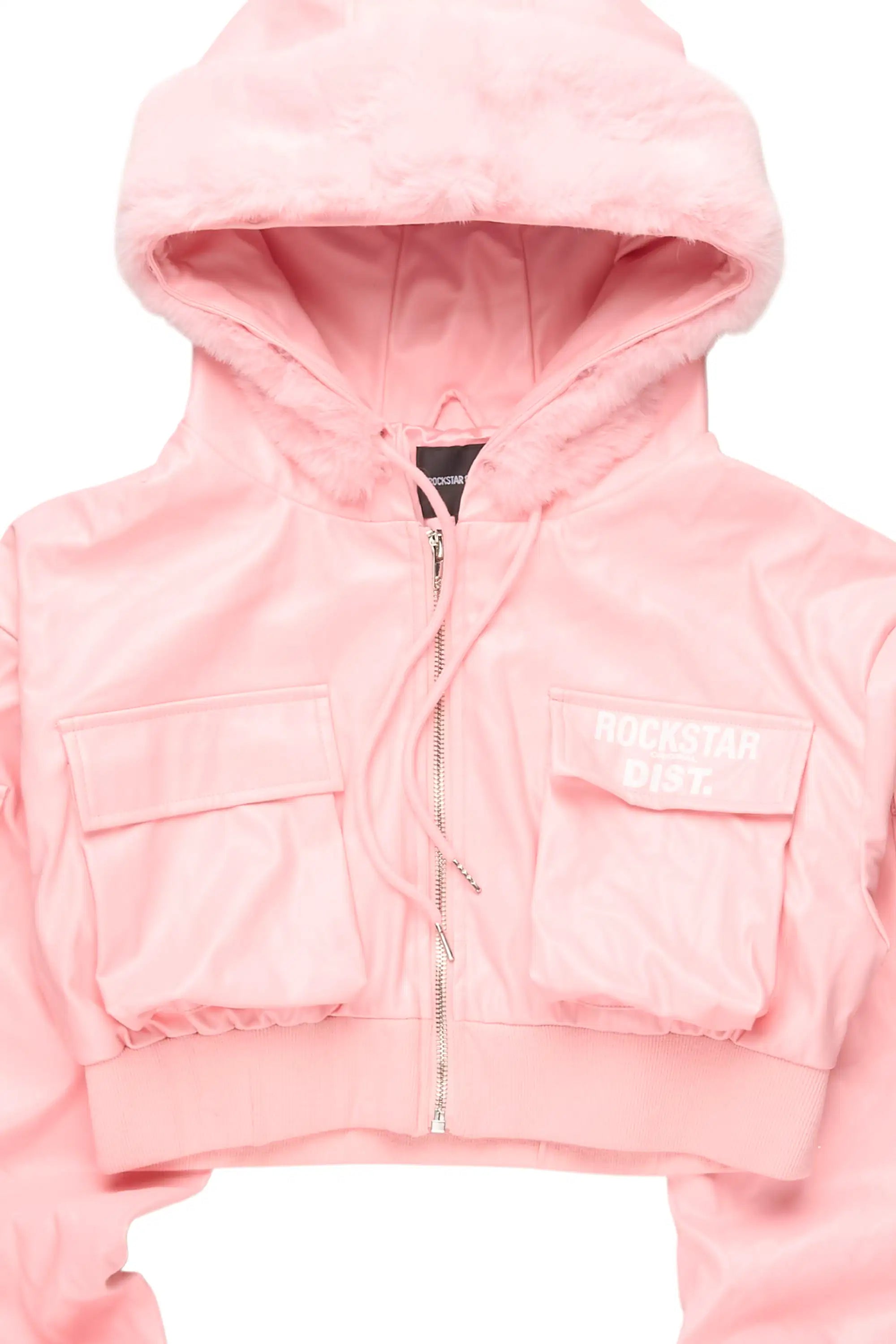 Amyia Pink PU Jacket With Fur Hood