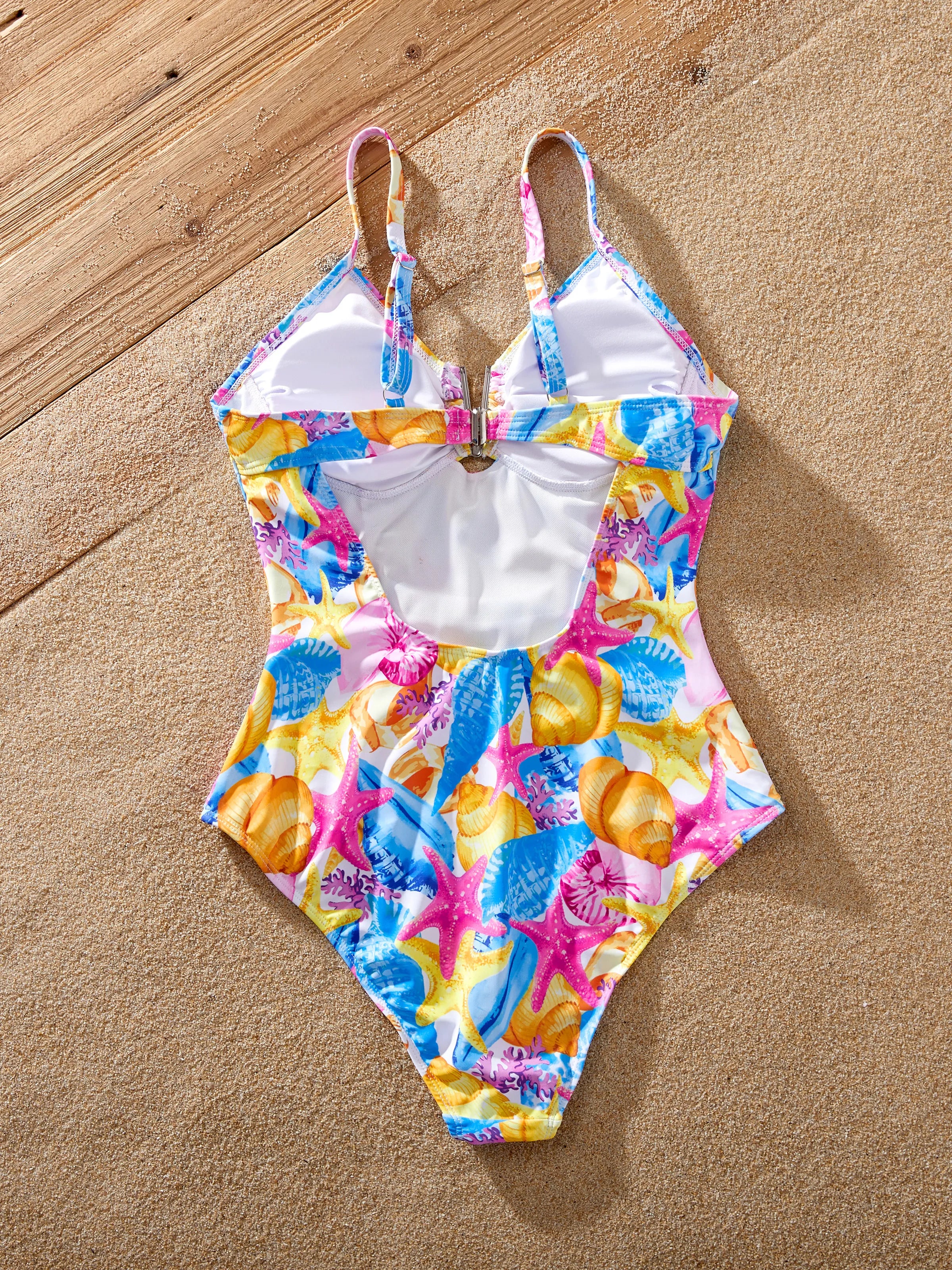 Family Matching Seashell & Starfish Print Swimsuits Ruched One-Piece & Swim Trunks Set Multi-color