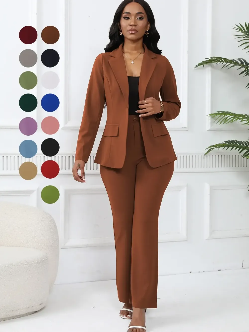 Women's Two-Piece Set Plain Button Lapel Blazer & Suit Pants, Elegant Business Casual Long Sleeve Outerwear