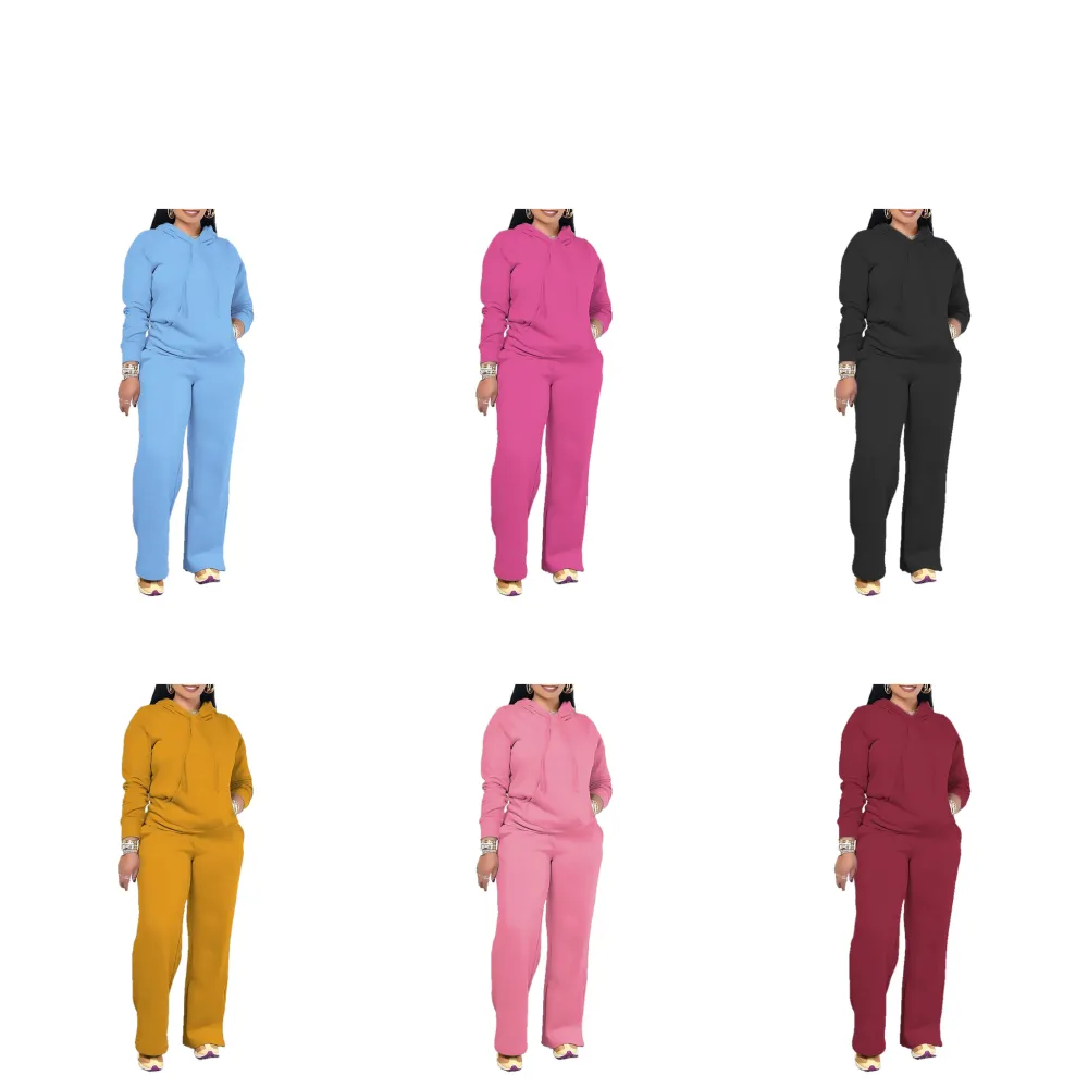 Two-piece women's outfit: Solid-colored drawstring hooded sweatshirt paired with high-waisted trousers