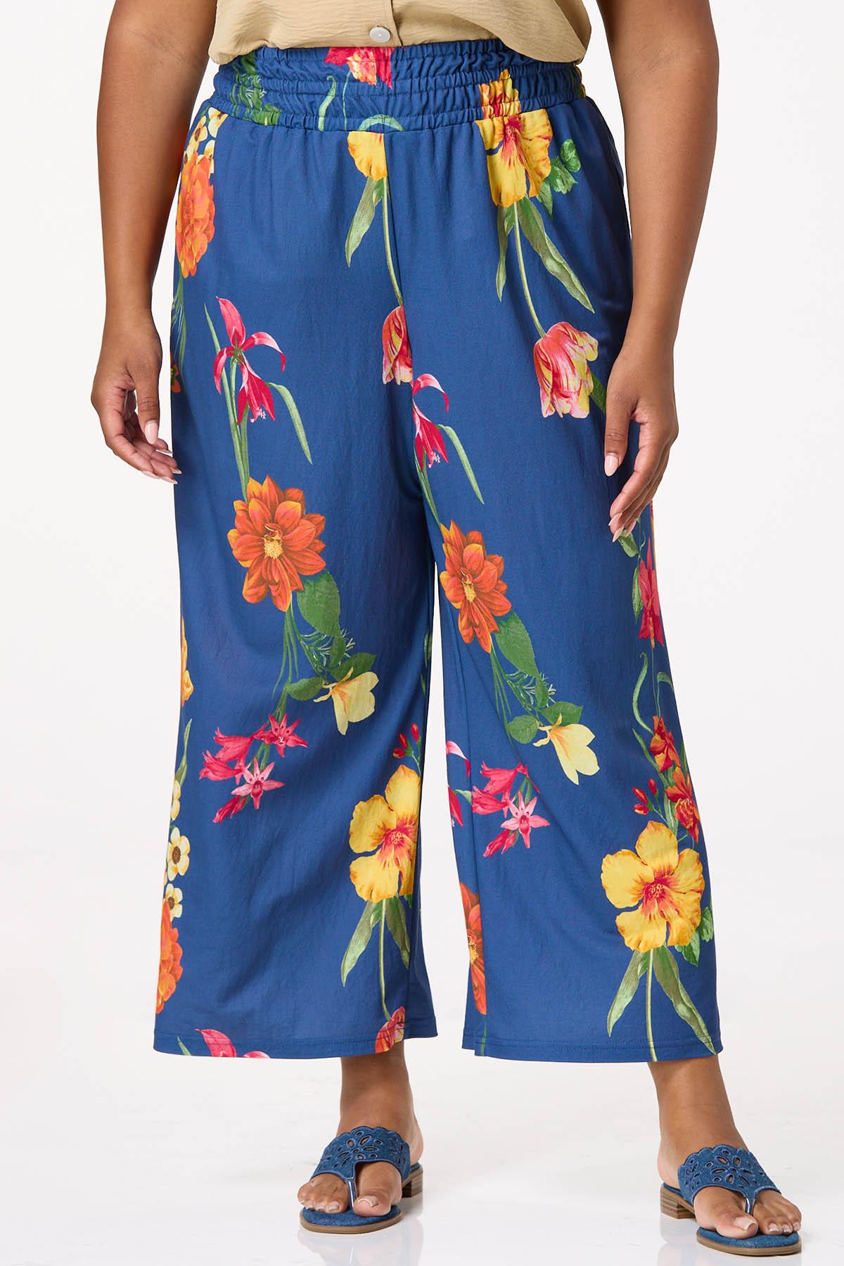 Plus Size Floral Wide Leg Cropped Pants