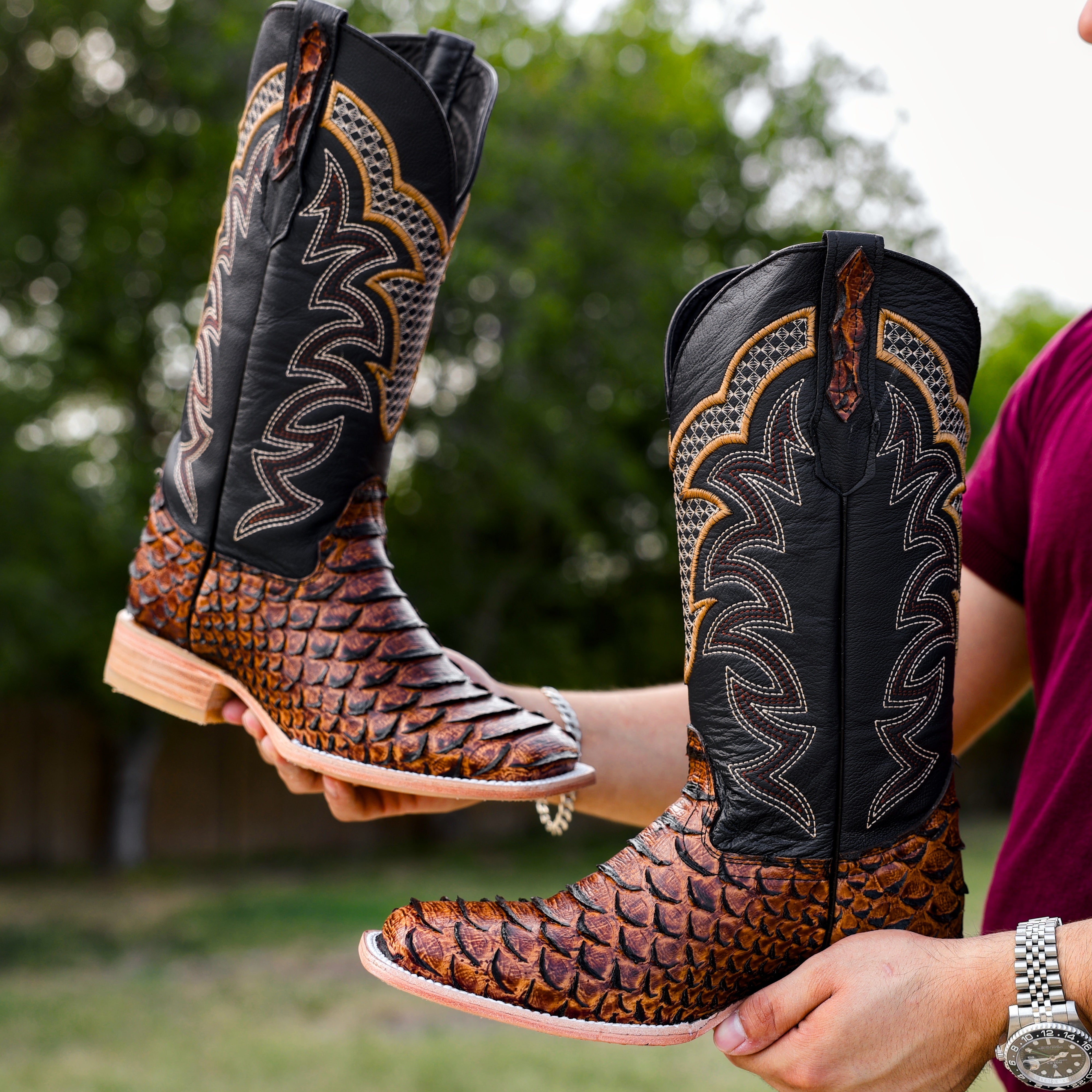 Honey Cognac Python Leather Boots - Square Toe