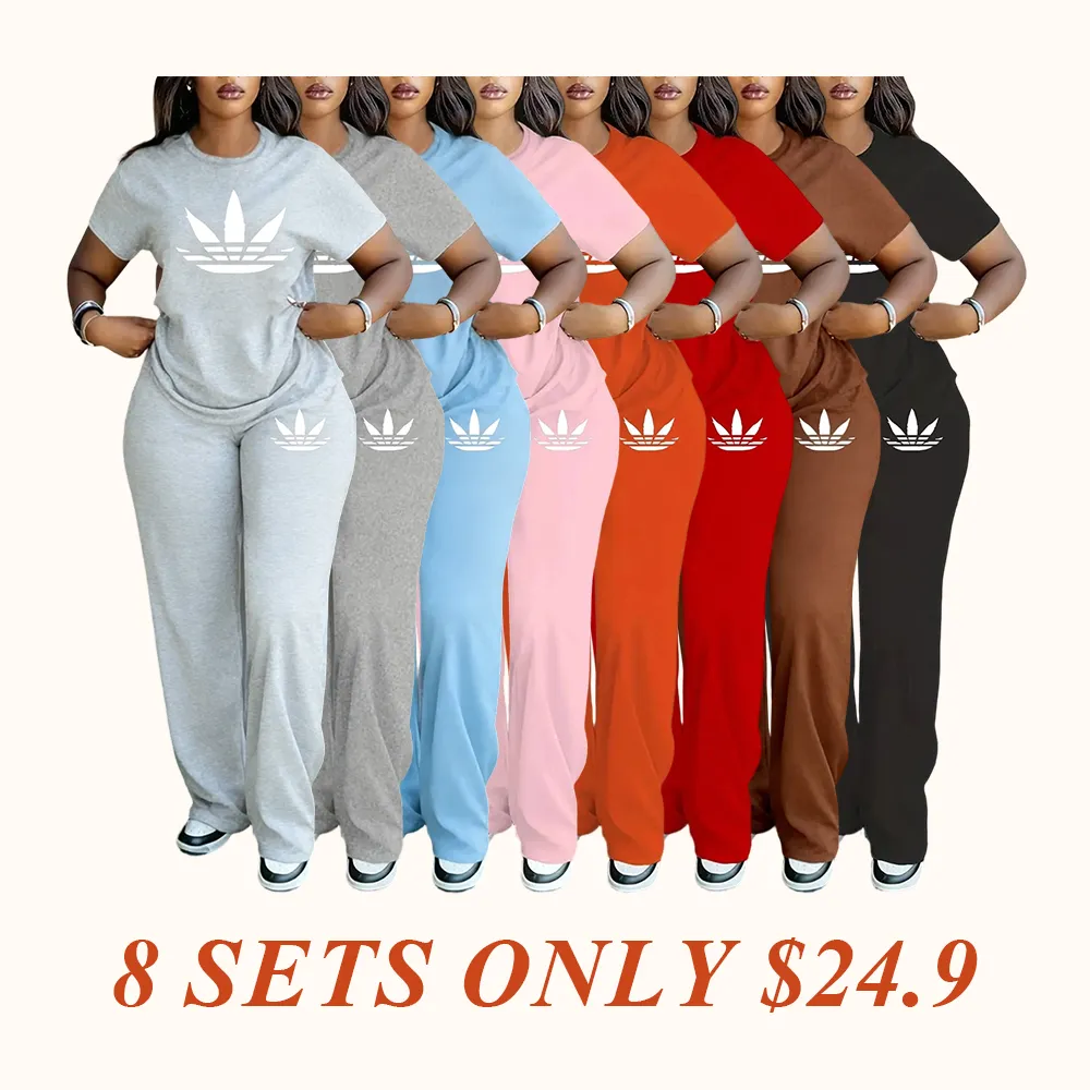 Women's Plus Size Spring Summer Fashion Print Round Neck Short Sleeve T-Shirt & Wide Leg Pants Two-Piece Set