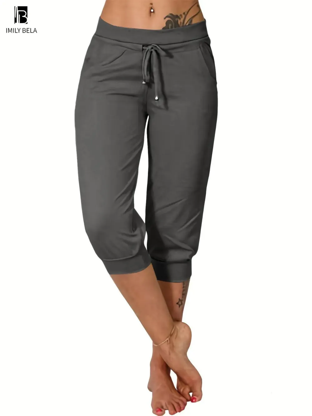 Women's Solid-Color Cropped Pants with Drawstring Waist — Casual Everyday Trousers with Pockets
