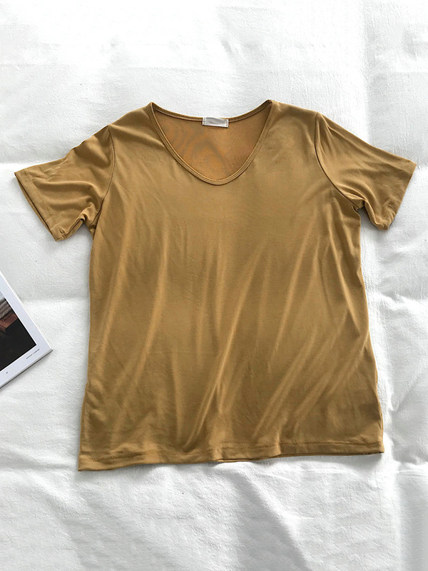 Solid Color Loose Short Sleeves U-Neck T-Shirts Tops