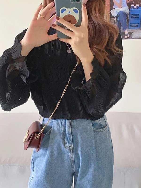 Pleated Solid Color Flared Sleeves Loose Round-Neck T-Shirts