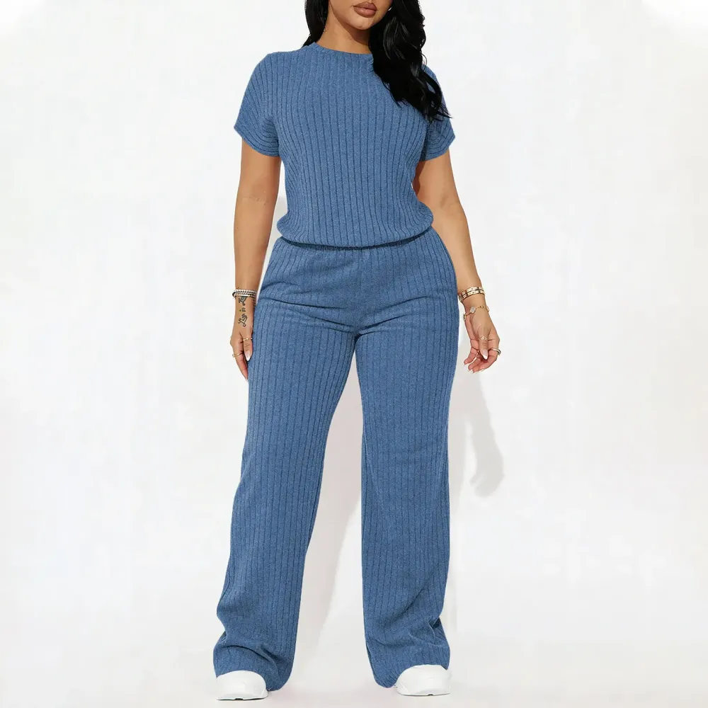 Women's Solid Shortsleeve Crewneck Ribbed Top & Wide Leg Pants Minimalist Casual Fitted
