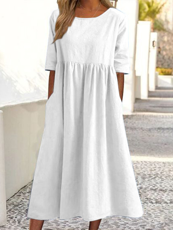 Pleated Pockets Solid Color A-Line Half Sleeves Round-Neck Midi Dresses