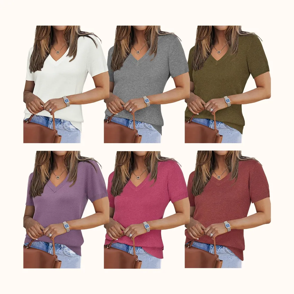 Womens Wool Blend Sweater Soft V Neck Short Sleeve Spring Fashion Pullover Tops