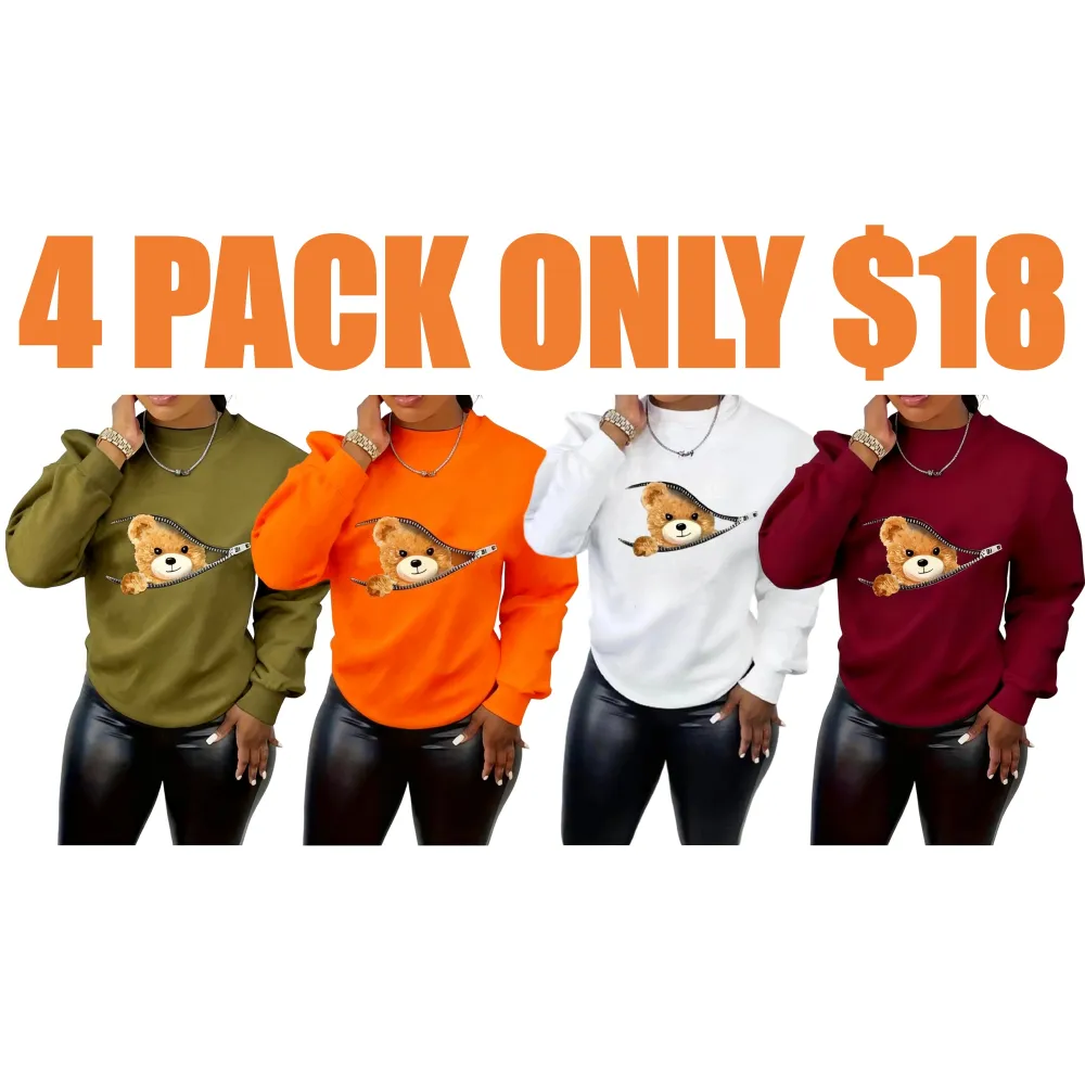 Women's Cartoon Bear Print Drop Shoulder Longsleeves