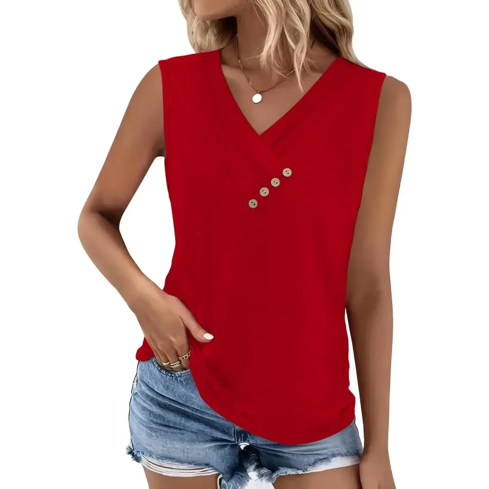 Women Summer Button Down V Neck T Shirts Sleeveless Loose Fit Fashion Tops