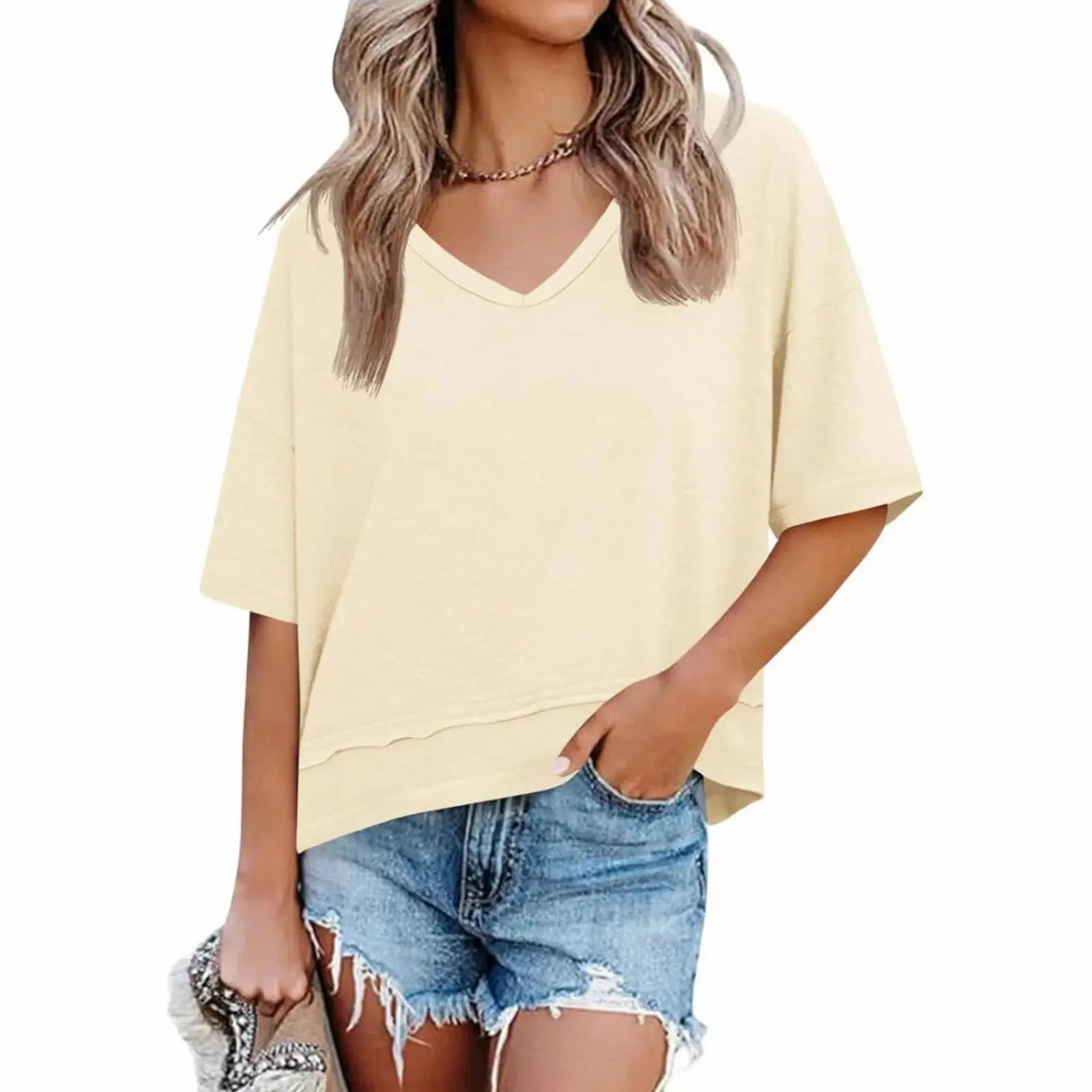 Women's V Neck Flowy Short Sleeve Tee – Casual Loose Fit Basic Top