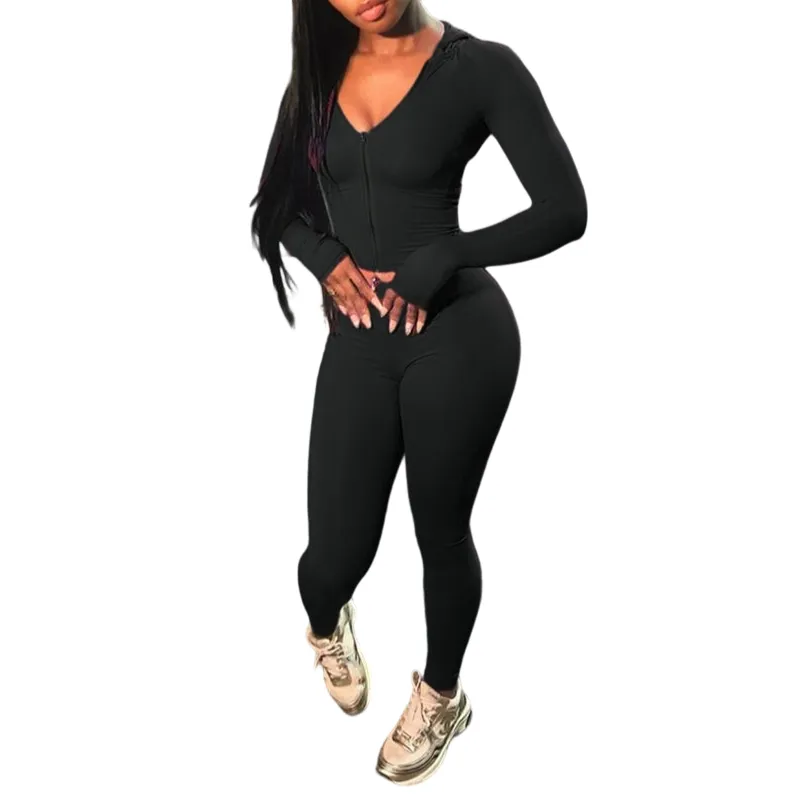Women's Solid Color Zip Up Crop Top & High Waist Leggings Two-piece Set
