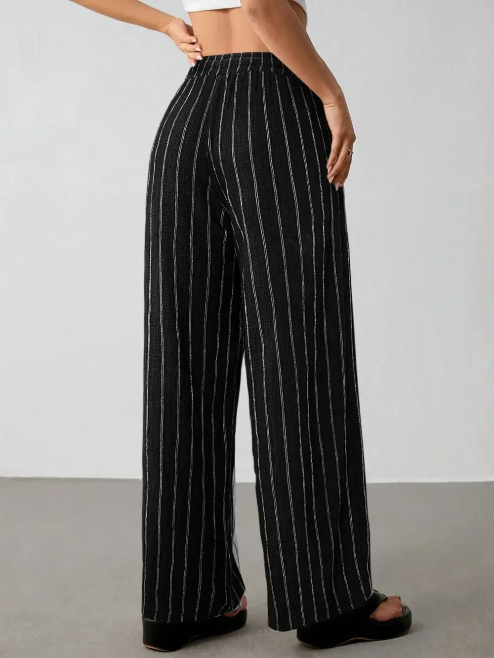 Women's Striped Waist Tie Straight Leg Loose Casual Belted Pants, Fitted Style