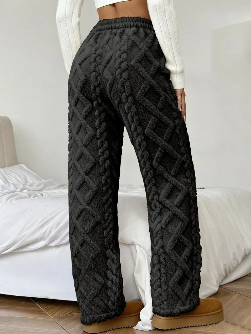 Women's Winter Lined Casual Pants - Jacquard Fabric & Drawstring Waist
