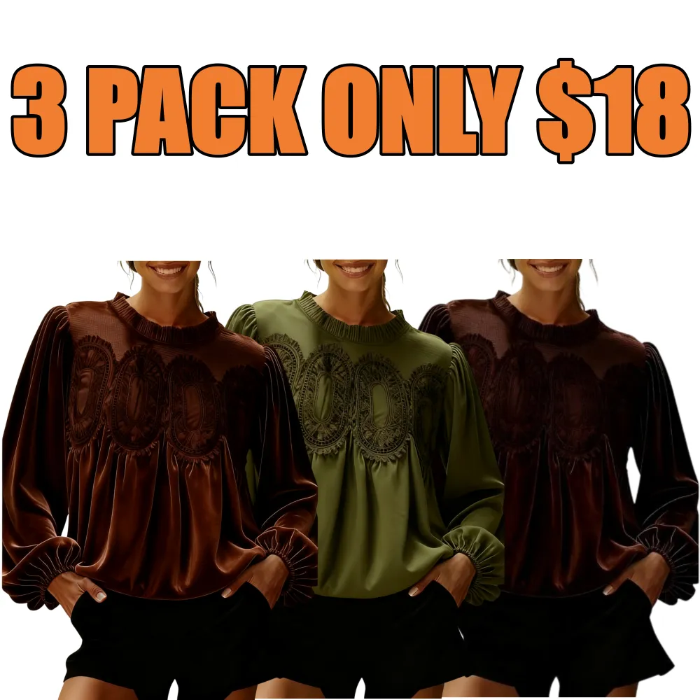 Women's Elegant Long-Sleeve Lace Velvet-Trim Swing Blouse