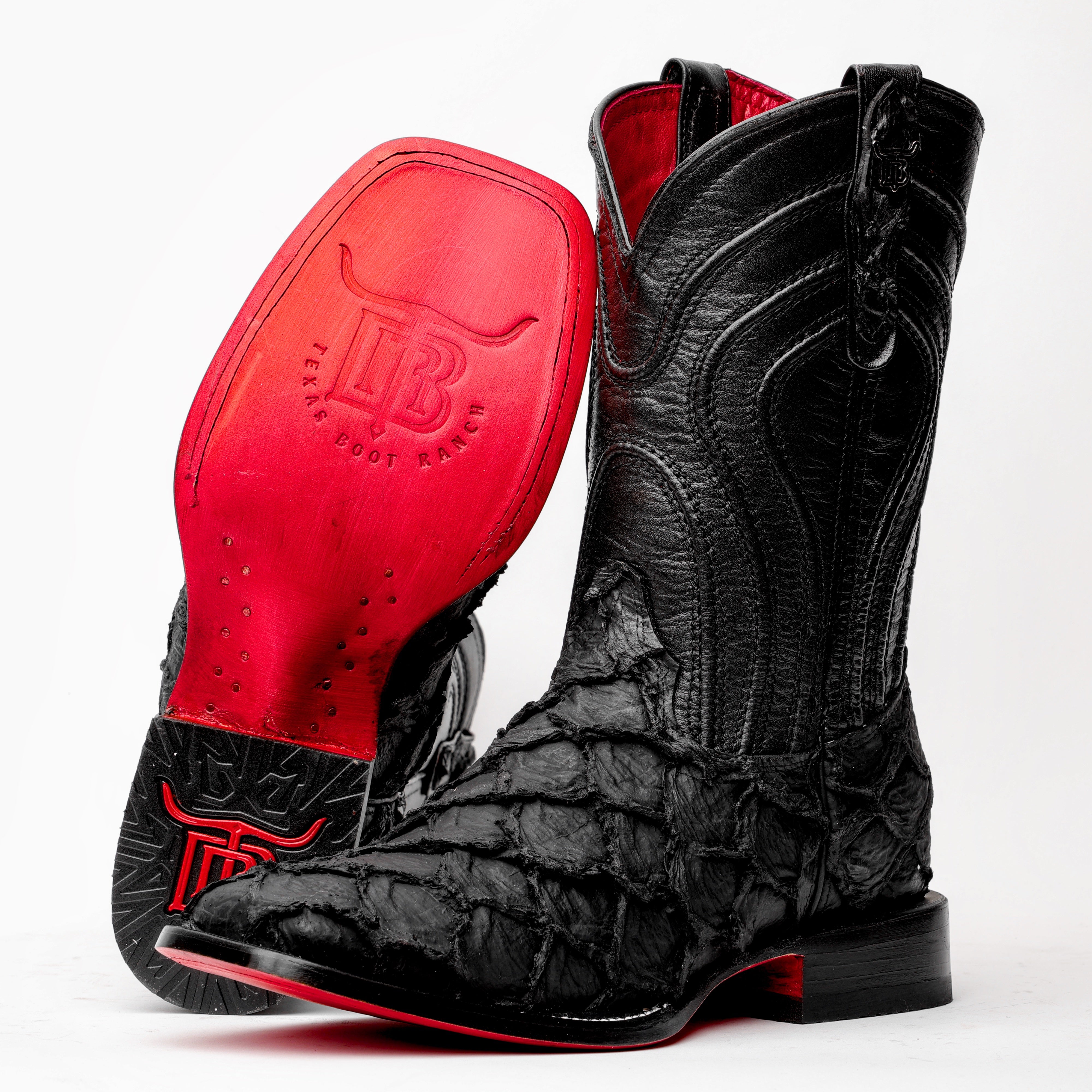 Matte Black Jumbo Pirarucu Leather Boots - Square Toe