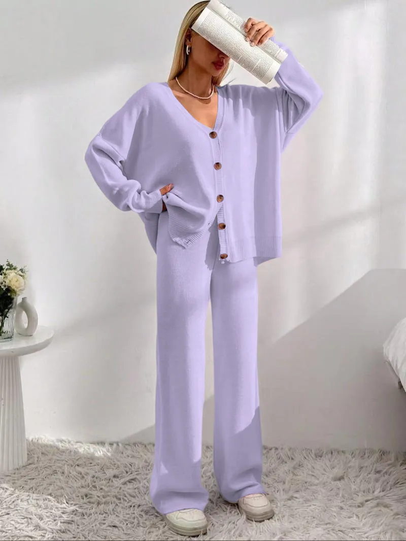Women's Solid Button Front Drop Shoulder V Neck Cardigan & Elastic Waist Wide Leg Pants Two-piece Set, Matching Clothing Set