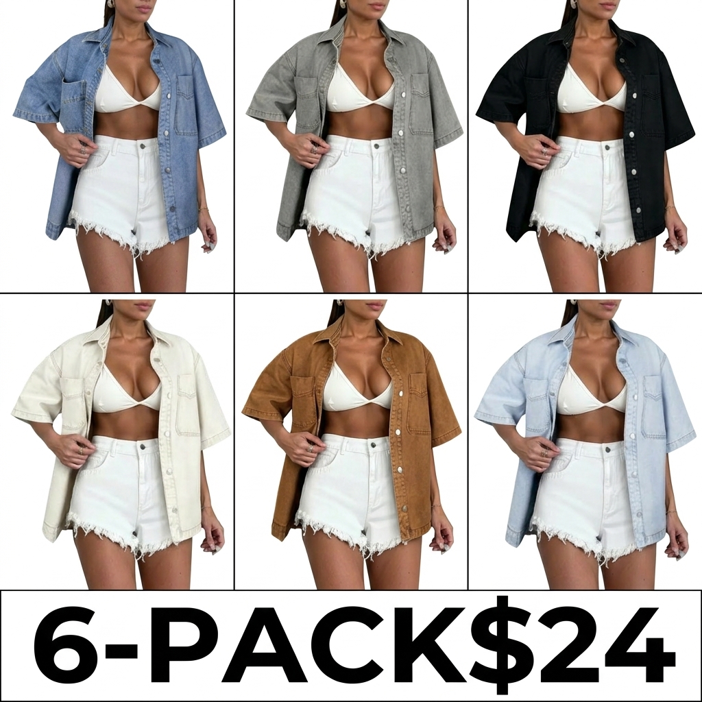 Women's Denim Shirt Jacket – Loose Fit Short Sleeve Casual Summer Coat