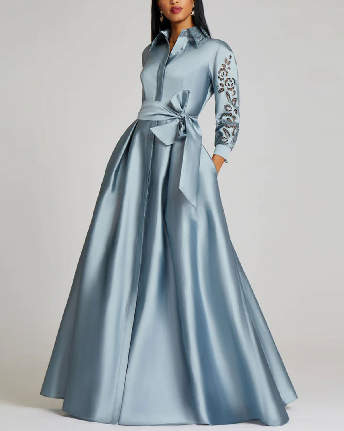 Taffeta Shirt Dress Gown With Eyelet Sleeve and Collar