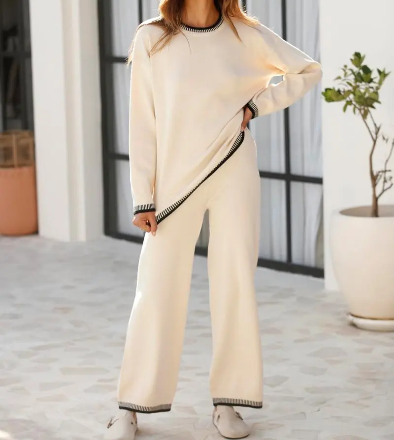 Chic Crew Neck Sweater & High Waist Loose Pants Casual Outfit
